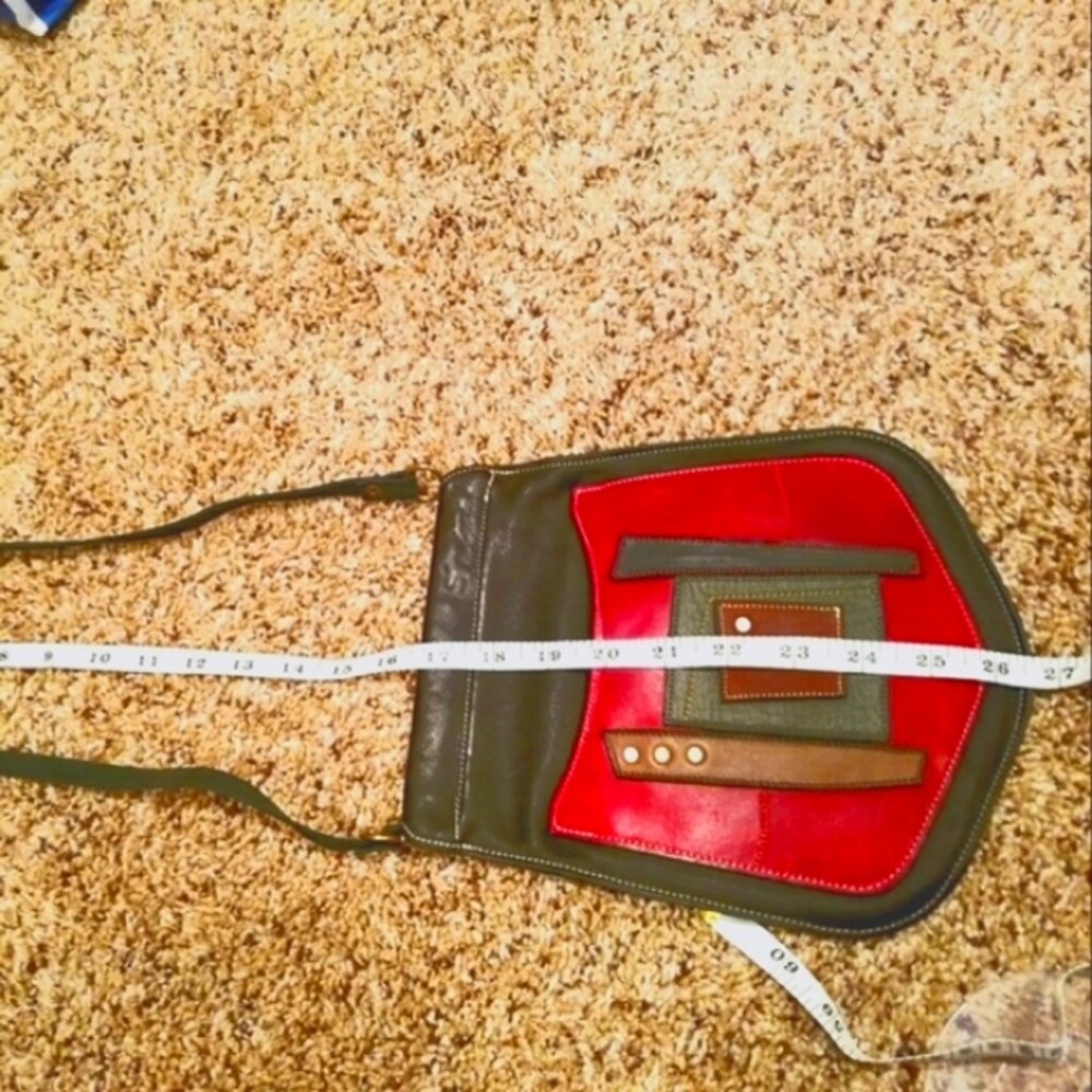 Red Patch Colorblock 100% Leather Shoulder Bag Handmade One of a Kind. - Picture 5 of 12